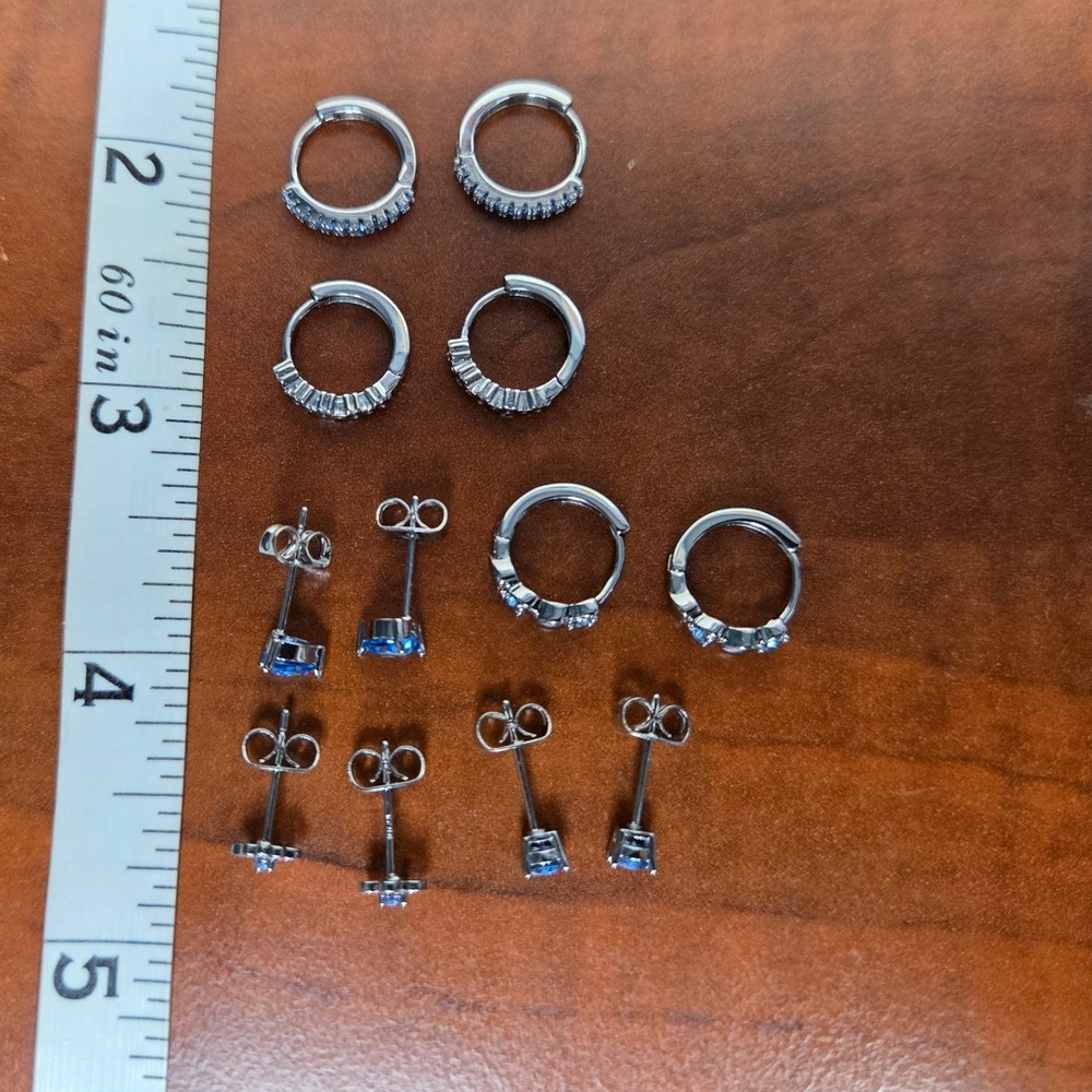 Silver Tone Blue Stone Earring Set 6 Pairs Huggie Hoops Studs Heart Flower